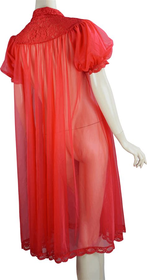Vintage 60’s Bright Red Sheer Chiffon And Lace Robe By Shadowline Shop Thrilling
