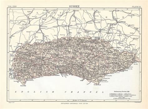 Antique Map Sussex England From 9th Edition Encyclopaedia Etsy