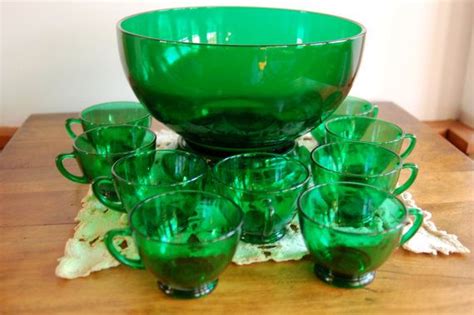 Green Glass Punch Bowl Set Retro Anchor By Cobblestonesvintage