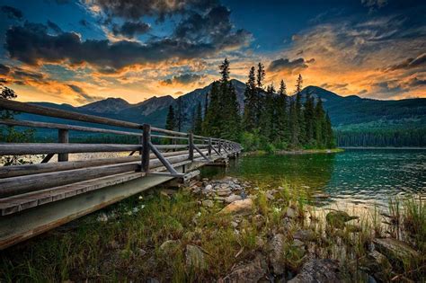 Jasper National Park Canada Landscape Lake Bridge Sunset Mountain