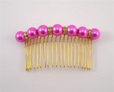 Hot Pink Bridal Pearl And Rhinestone Large Gold Hair Comb Hot Pink Pearl Bridesmaid Hair Comb