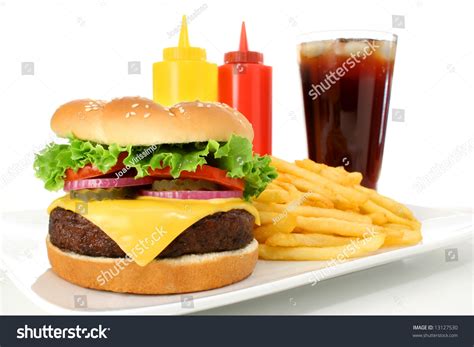 Cheeseburger Hamburger Meal With French Fries And Soda Drink Fast Food