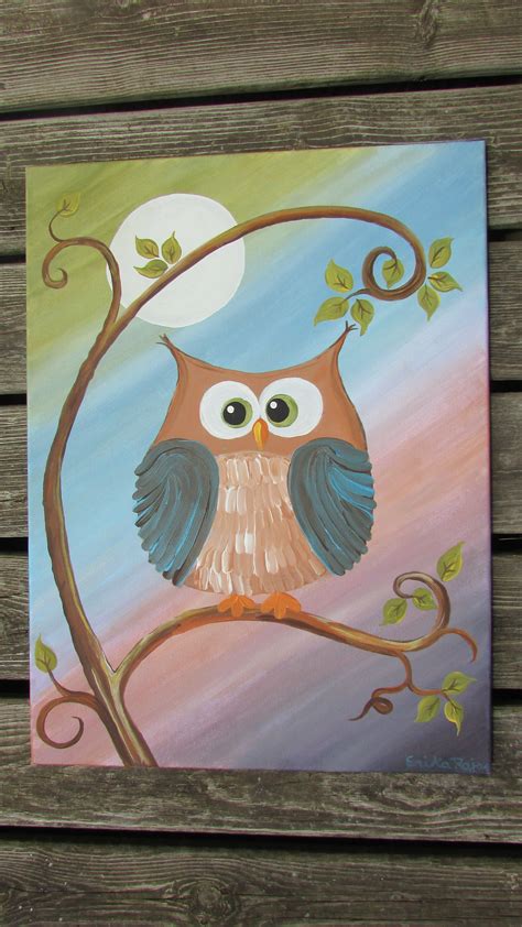 Whimsical Owl On A Tree Canvas Using Acrylic Paints Available For
