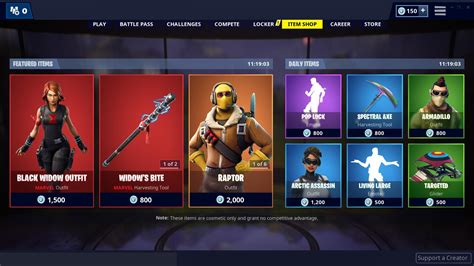 Today's skins and cosmetics on fortnite's item shop (image: Fornite's Daily Item Shop Is Selling Black Widow Items