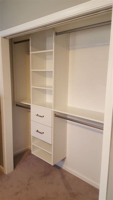 White Melamine Reach In Closet With Adjustable Shelving Double Hang