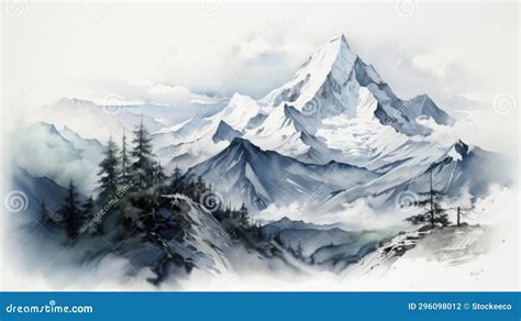 Blue Watercolor Mountains Concept Art With Realistic Hyper Detail