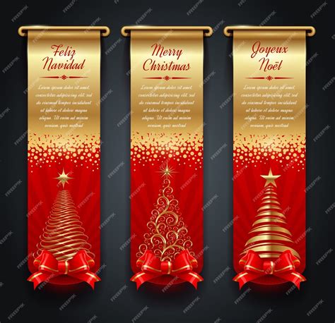 Premium Vector Vertical Golden Banners With Greetings Christmas Trees And Bowknot