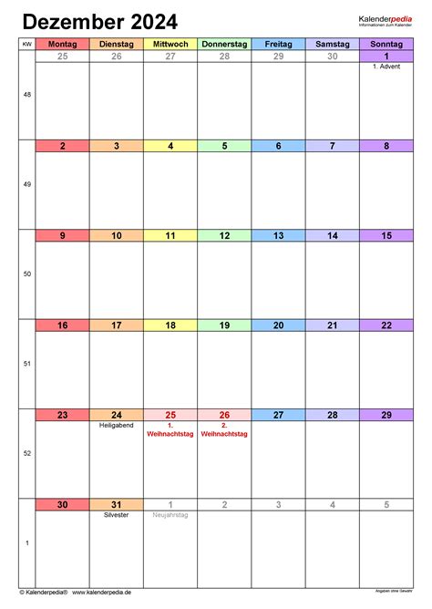 Kalender Dezember 2024 Als Excel Vorlagen