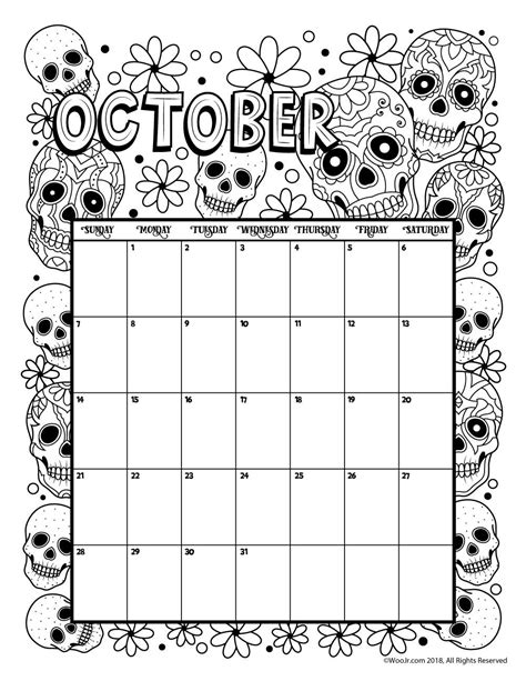 October 2018 Coloring Calendar Page Раскраски Календарь для печати и