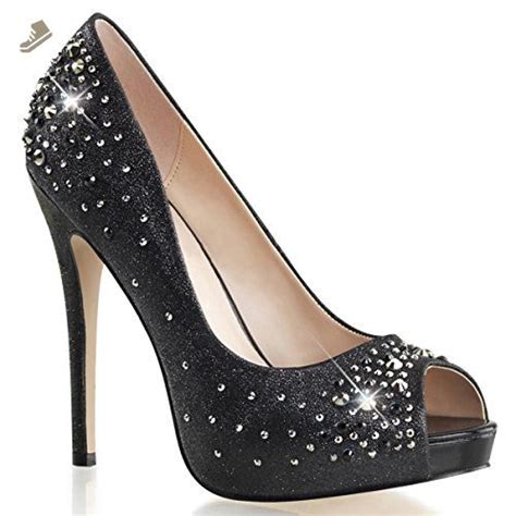 Womens Shimmering Black Peep Toe Pumps Shoes With Rhinestones And 5