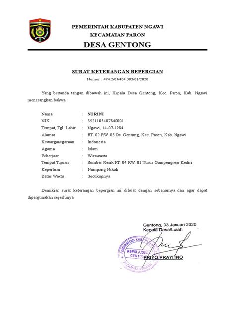 Surat Bepergian Pernyataan Perjaka Keterangan Wali Desa Gentong Keterangan Anak Orang Tua Pdf