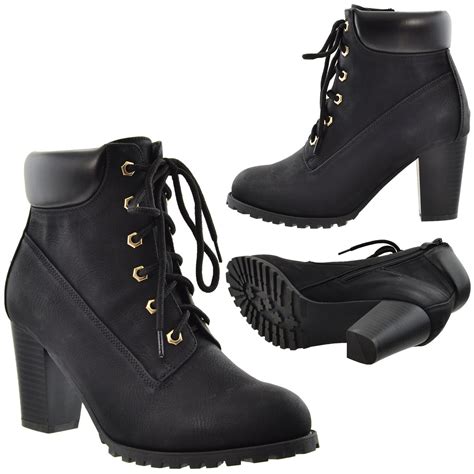 Womens Ankle Boots Lace Up Booties Chunky Stacked High Heel Rugged