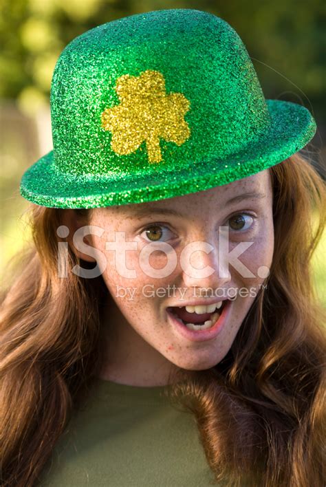 Irish Redhead Leprechaun Girl Child And St Patricks Day Clover Stock