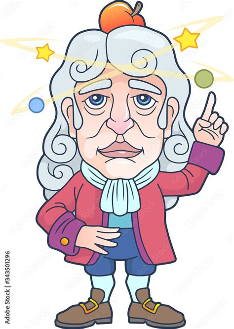 Cartoon Brilliant Scientist Physicist Isaac Newton Funny Illustration
