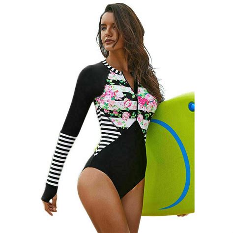 Women Long Sleeve Floral Printed Zip Front One Piece Swimsuit Surfing Swimwear Bathing Suit S