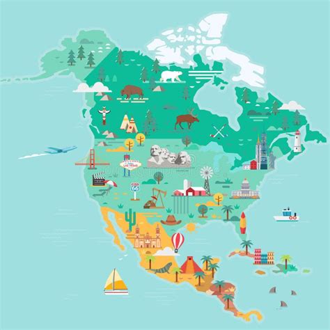 North America Map Tourist And Travel Landmarks Stock Vector