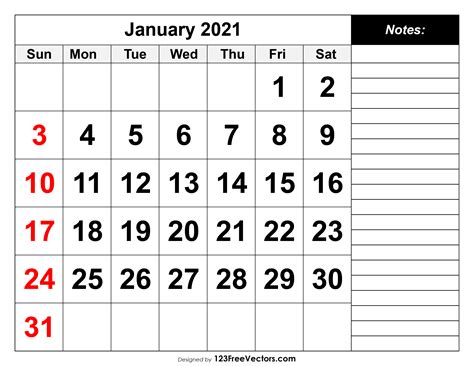 Free January 2021 Printable Calendar
