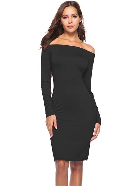 Black Sexy Bodycon Off The Shoulder Plain Knee Length Dresses Style V201101 Vedachic