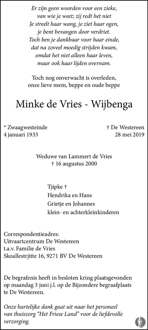 Minke De Vries Wijbenga 28 05 2019 Overlijdensbericht En Condoleances