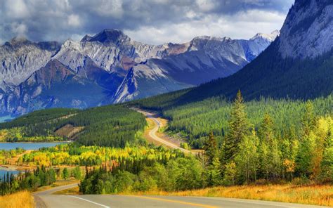 Nature Landscape Mountain Trees Forest Lake Clouds Road Canada