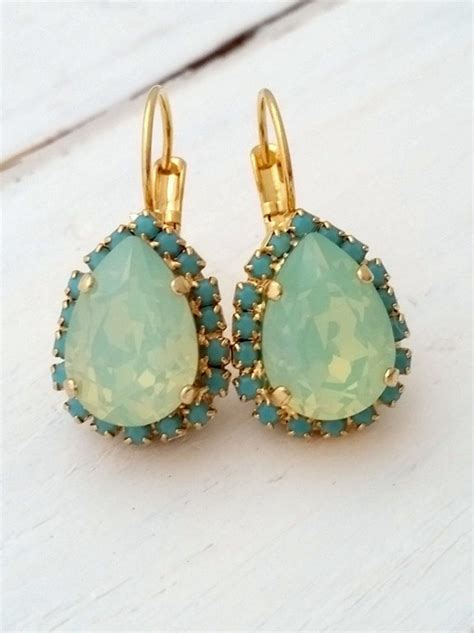 Mint Opal Seafoam Crystal Swarovski Teardrop Earrings Etsy