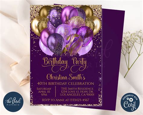 purple and gold birthday invitation template editable birthday invitations balloons birthday