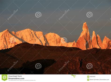Cerro Torre Mountainline At Sunrise Patagonia Argentina Stock Photo