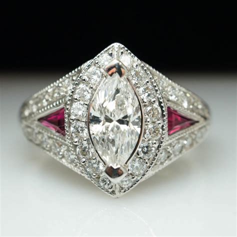 Vintage 240ctw Marquise Cut Diamond And Ruby Engagement Ring Marquise