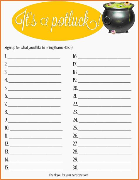 Potluck Sign Up Sheet Kids Learning Activity Sign Up Sheets Sign