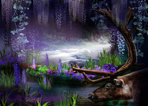 Download Forest Deer Purple Artistic Fantasy Hd Wallpaper By Roserika
