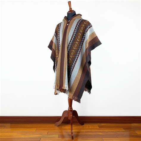 Llama Wool Unisex South American Handwoven Hooded Poncho Striped Wit