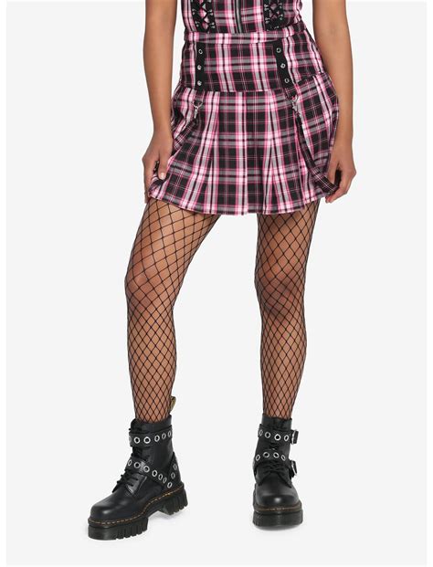 black and pink plaid pleated suspender skirt hot topic