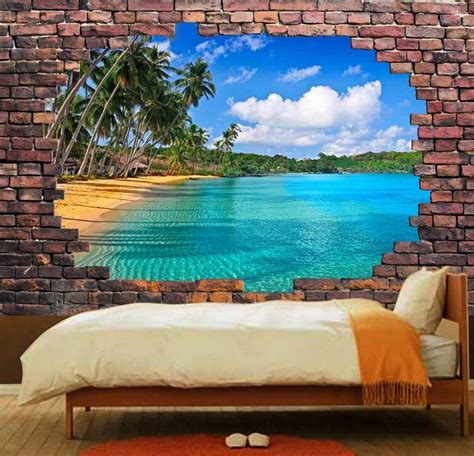 Tropical Beach Viewed Through A Broken Brick Wall 3d Vinyl Etsy