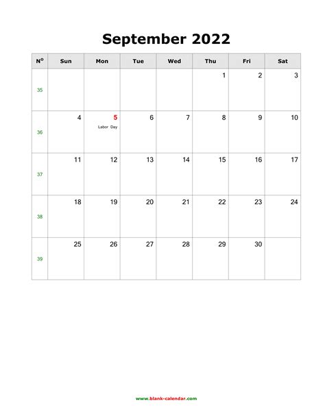 Download September 2022 Blank Calendar With Us Holidays Vertical