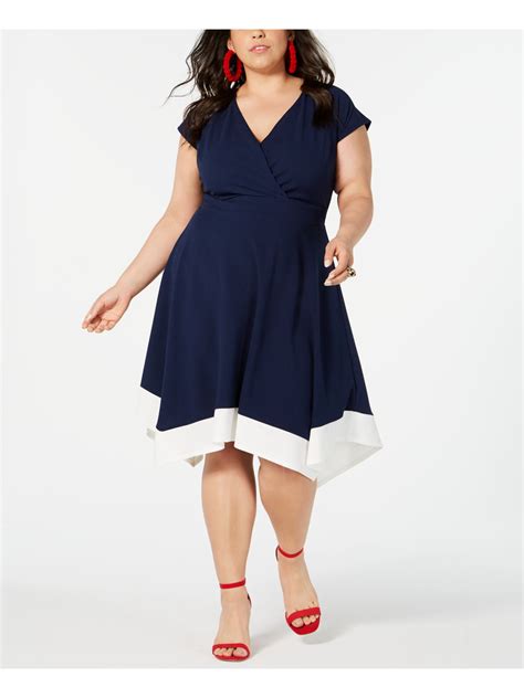 Love Squared Love Squared Womens Navy Short Sleeve V Neck Below The Knee Fit Flare Dress