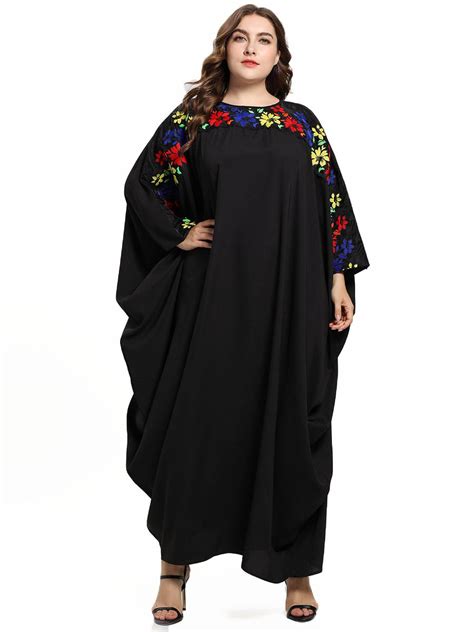 Womens Dresses Women Embroidery Loose Dress Muslim Bat Sleeve Plus