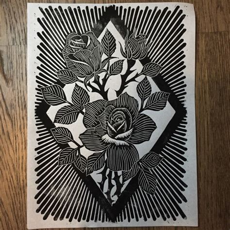 Items Similar To Roses Linocut On Etsy