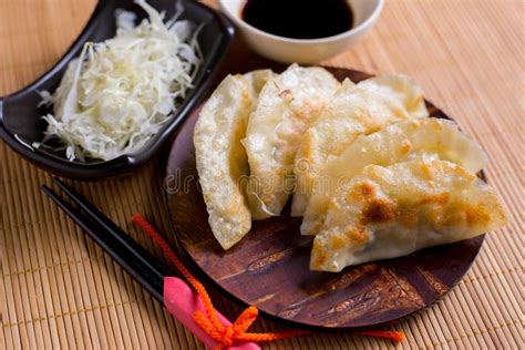 Gyoza Dumplings On Mini Wooden Dish Popular Japanese Food Stock Image