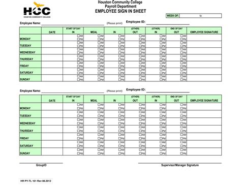 Kostenloses Employee Sign In Sheet Weekly