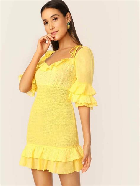 Neon Yellow Layered Ruffle Eyelet Embroidered Shirred Dress Shein Usa Formal Dresses For Women