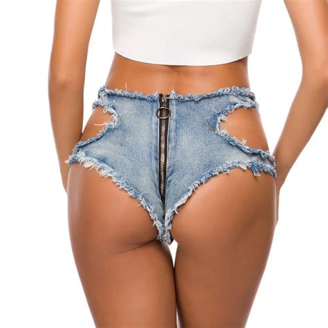 Sexy Shorts Women Summer Sexy Zipper Back Ultra Low Waist Denim Shorts Hollow Out Ripped Holes