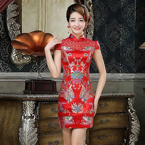 Red Bride Wedding Qipao Silk Short Cheongsam Dress Chinese Traditional