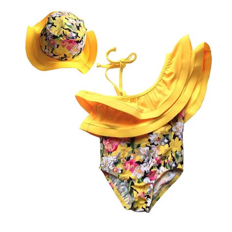 Yellow Floral One Shoulder Ruffled Swimsuit W Hat Squishy Cheeks