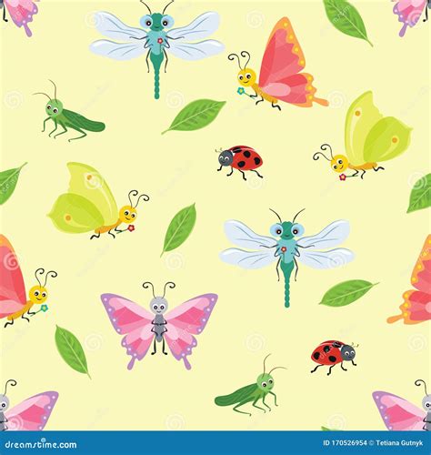 Butterfly Dragonfly Grasshopper And Ladybug Seamless Pattern Vector