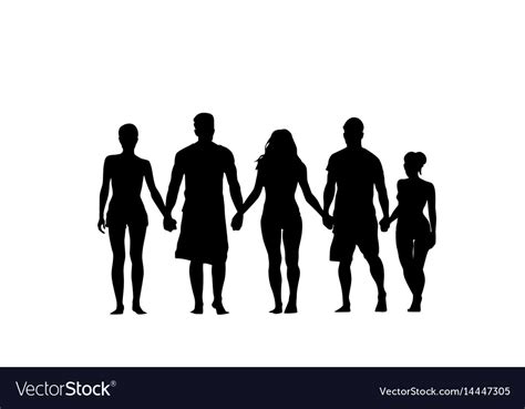 Silhouette People Group Stand Holding Hands Man Vector Image