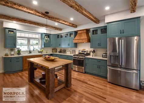 Teal Farmhouse Kitchen With Wood Accents Norfolk Bath