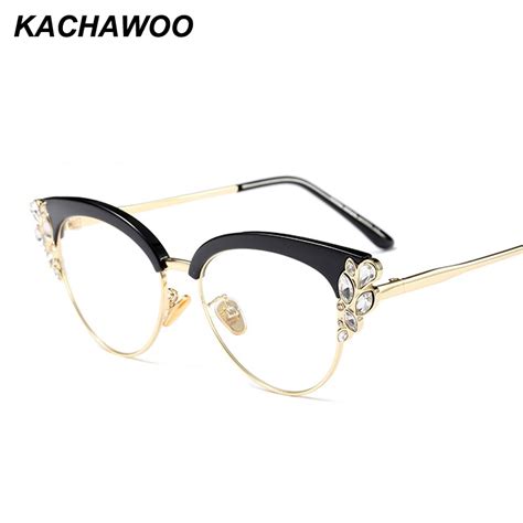 Kachawoo Cat Eye Rhinestone Glasses Clear Lens Gold Metal Frame Luxury Eyeglasses Women Fashion