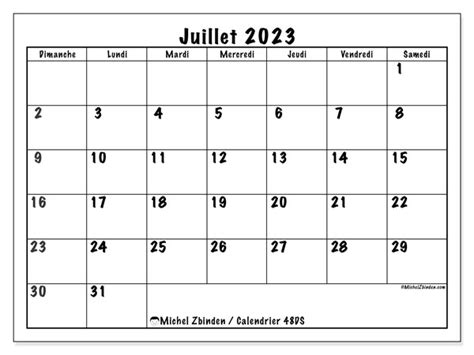 Calendrier juillet 2023 à imprimer 48DS Michel Zbinden CH