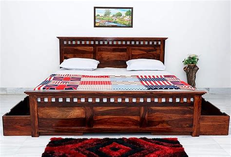 Tg Furniture Solid Sheesham Wood Jali Bed With Two Drawer Storage King