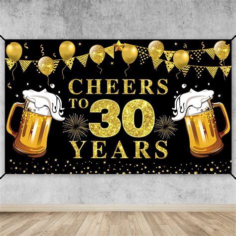 Happy 30th Birthday Banner Decorations Black Gold Cheers To 30 Years